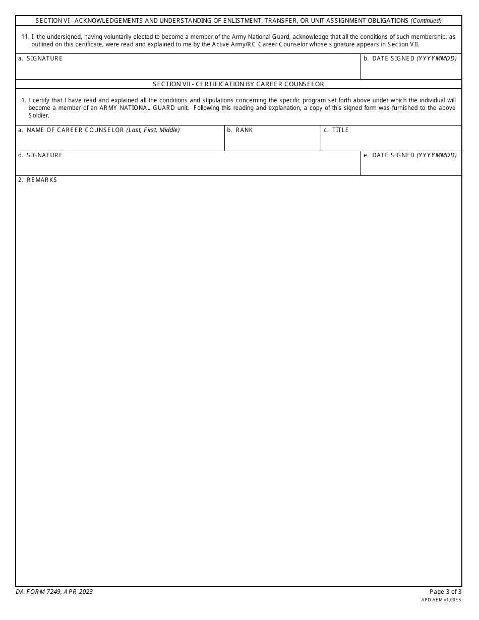 DA Form 7249 Certificate and Acknowledgment of Service Requirements and Methods of Fulfillment for Individuals Enlisting or Transferring Into Units of the Army National Guard Upon REFRAD / Discharge From Active Army Service, Page 3
