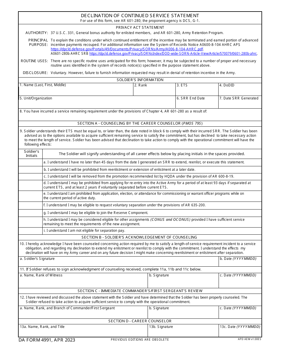 DA Form 4991 Declination of Continued Service Statement, Page 1