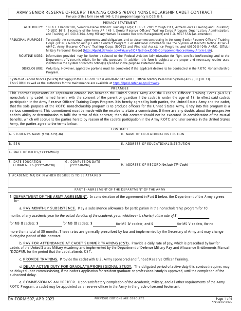DA Form 597 Army Senior Reserve Officers' Training Corps (Rotc) Nonscholarship Cadet Contract