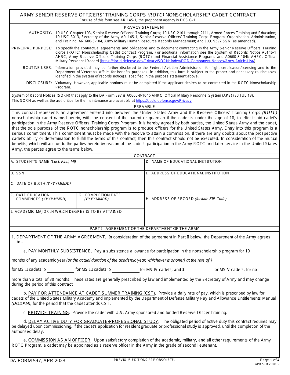 DA Form 597 Army Senior Reserve Officers Training Corps (Rotc) Nonscholarship Cadet Contract, Page 1