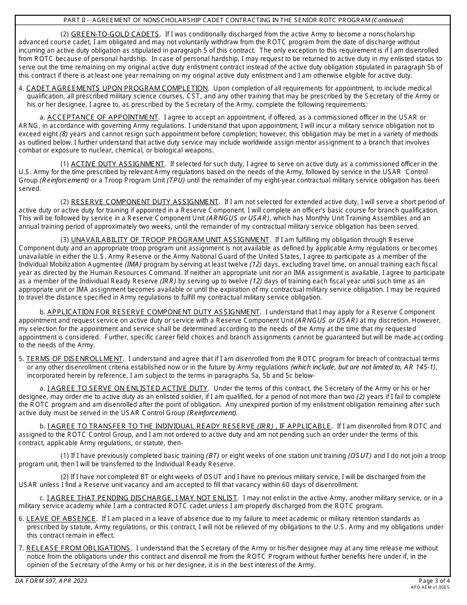 DA Form 597 Army Senior Reserve Officers Training Corps (Rotc) Nonscholarship Cadet Contract, Page 3
