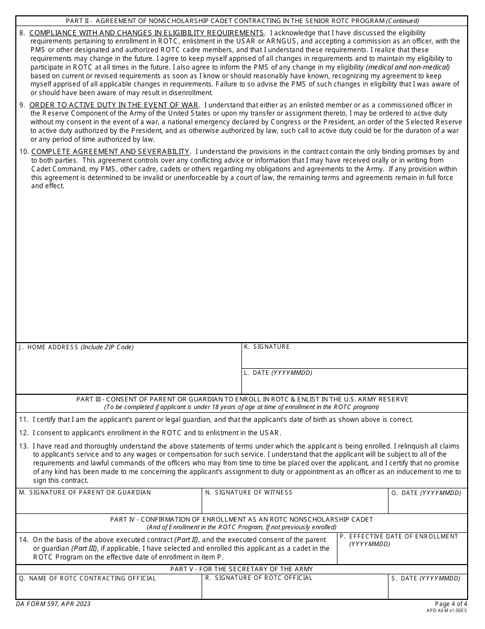 DA Form 597 Download Fillable PDF or Fill Online Army Senior Reserve ...