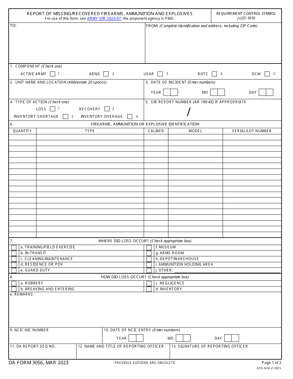 DA Form 3056 Report of Missing / Recovered Firearms, Ammunition and Explosives, Page 1