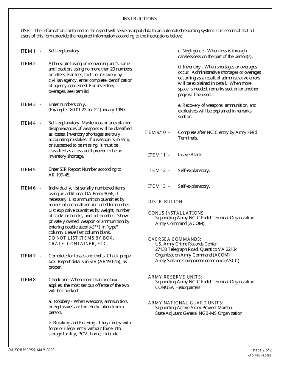DA Form 3056 Report of Missing / Recovered Firearms, Ammunition and Explosives, Page 2