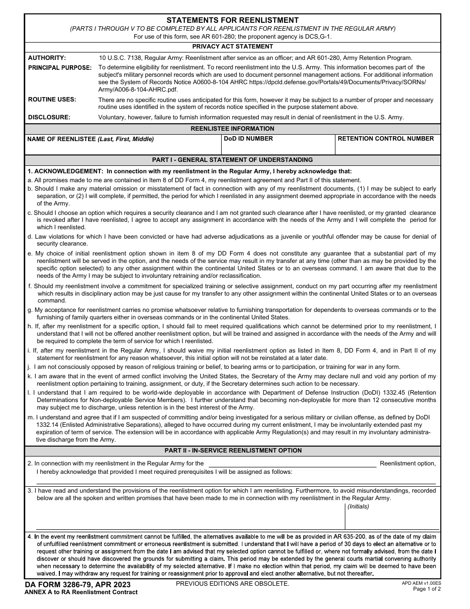 DA Form 3286-79 Statements for Reenlistment, Page 1