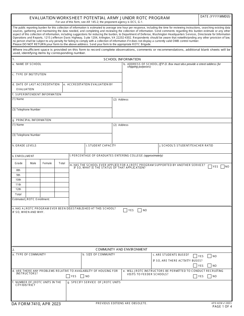 DA Form 7410 Evaluation Worksheet Potential Army Junior Rotc Program, Page 1