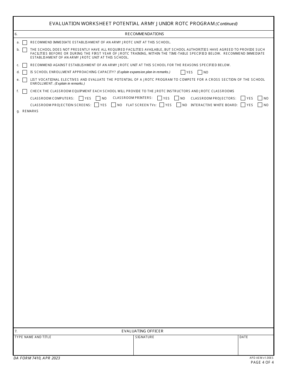 DA Form 7410 Evaluation Worksheet Potential Army Junior Rotc Program, Page 4