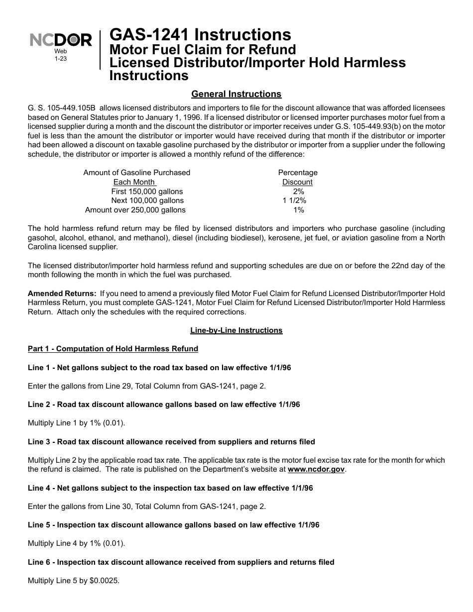 Instructions for Form GAS-1241 Motor Fuel Claim for Refund Licensed Distributor / Importer Hold Harmless - North Carolina, Page 1