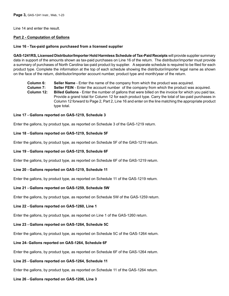 Instructions for Form GAS-1241 Motor Fuel Claim for Refund Licensed Distributor / Importer Hold Harmless - North Carolina, Page 3