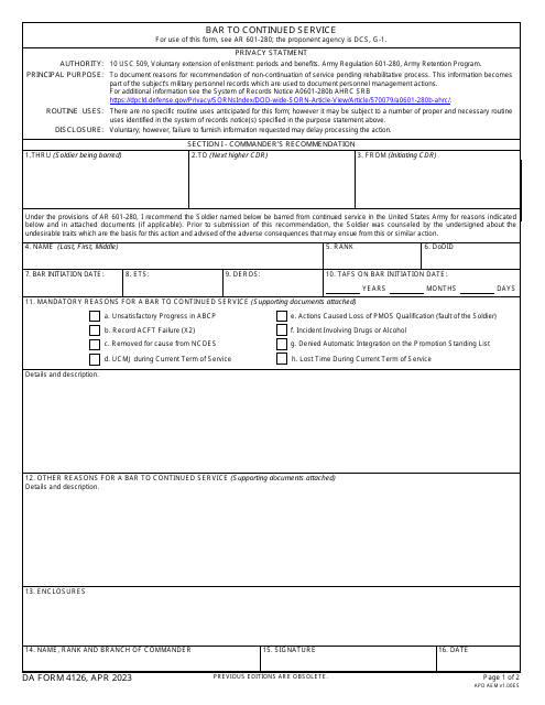 DA Form 4126 Bar to Continued Service