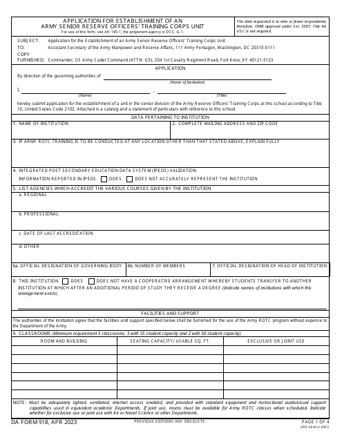 DA Form 918 Application for Establishment of an Army Senior Reserve Officers' Training Corps Unit