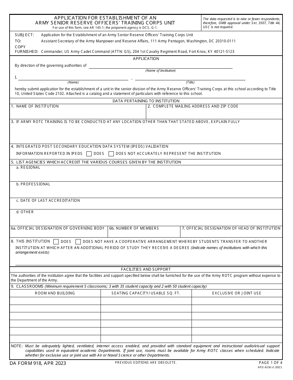 DA Form 918 Application for Establishment of an Army Senior Reserve Officers Training Corps Unit, Page 1