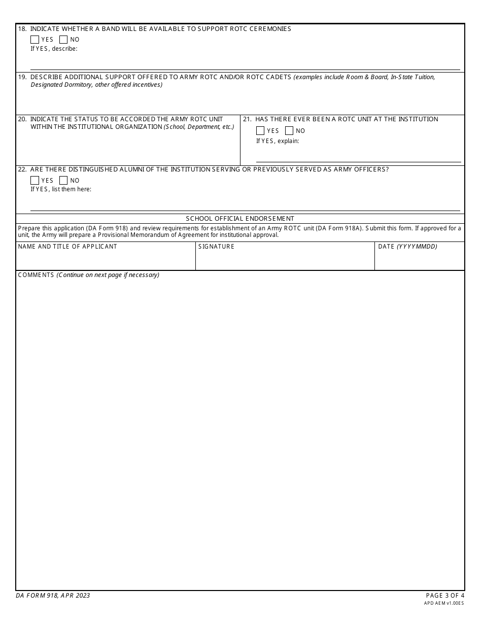DA Form 918 Application for Establishment of an Army Senior Reserve Officers Training Corps Unit, Page 3
