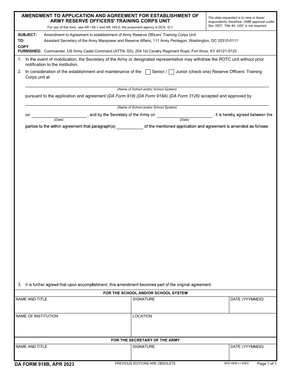 DA Form 918B Download Fillable PDF or Fill Online Amendment to ...