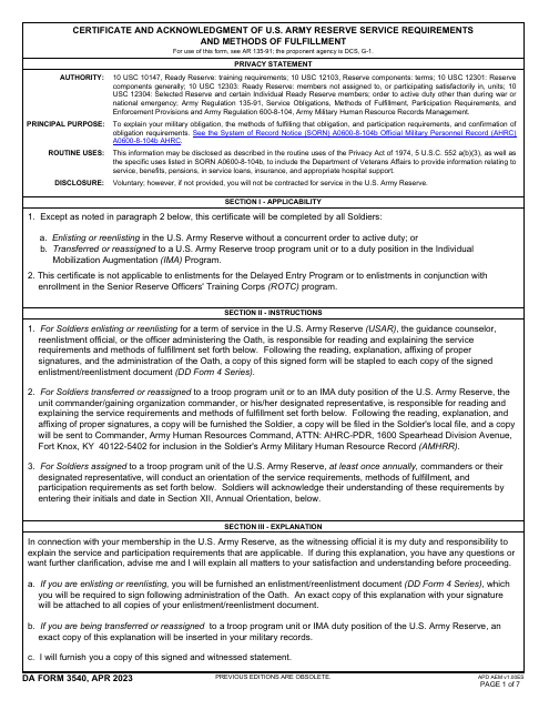 DA Form 3540 Certificate and Acknowledgment of U.S. Army Reserve Service Requirements and Methods of Fulfillment