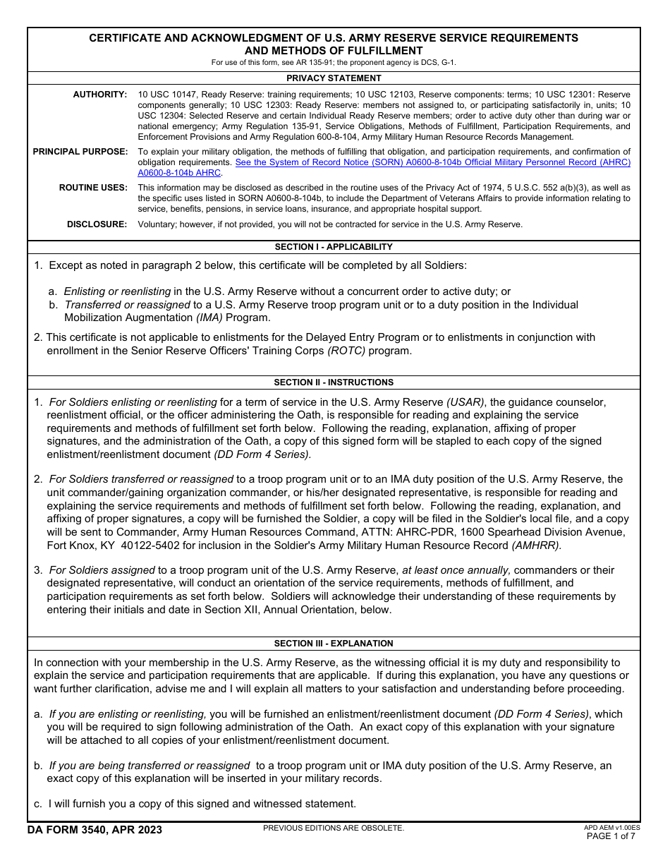 DA Form 3540 Certificate and Acknowledgment of U.S. Army Reserve Service Requirements and Methods of Fulfillment, Page 1