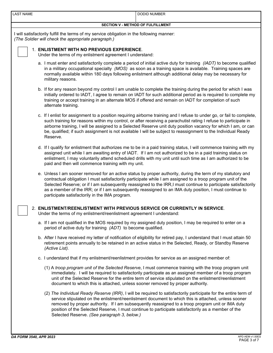 DA Form 3540 Certificate and Acknowledgment of U.S. Army Reserve Service Requirements and Methods of Fulfillment, Page 3