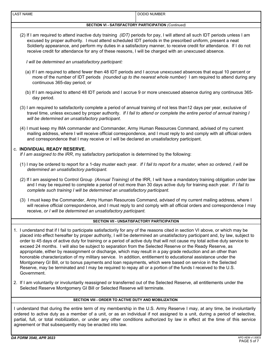 DA Form 3540 Certificate and Acknowledgment of U.S. Army Reserve Service Requirements and Methods of Fulfillment, Page 5