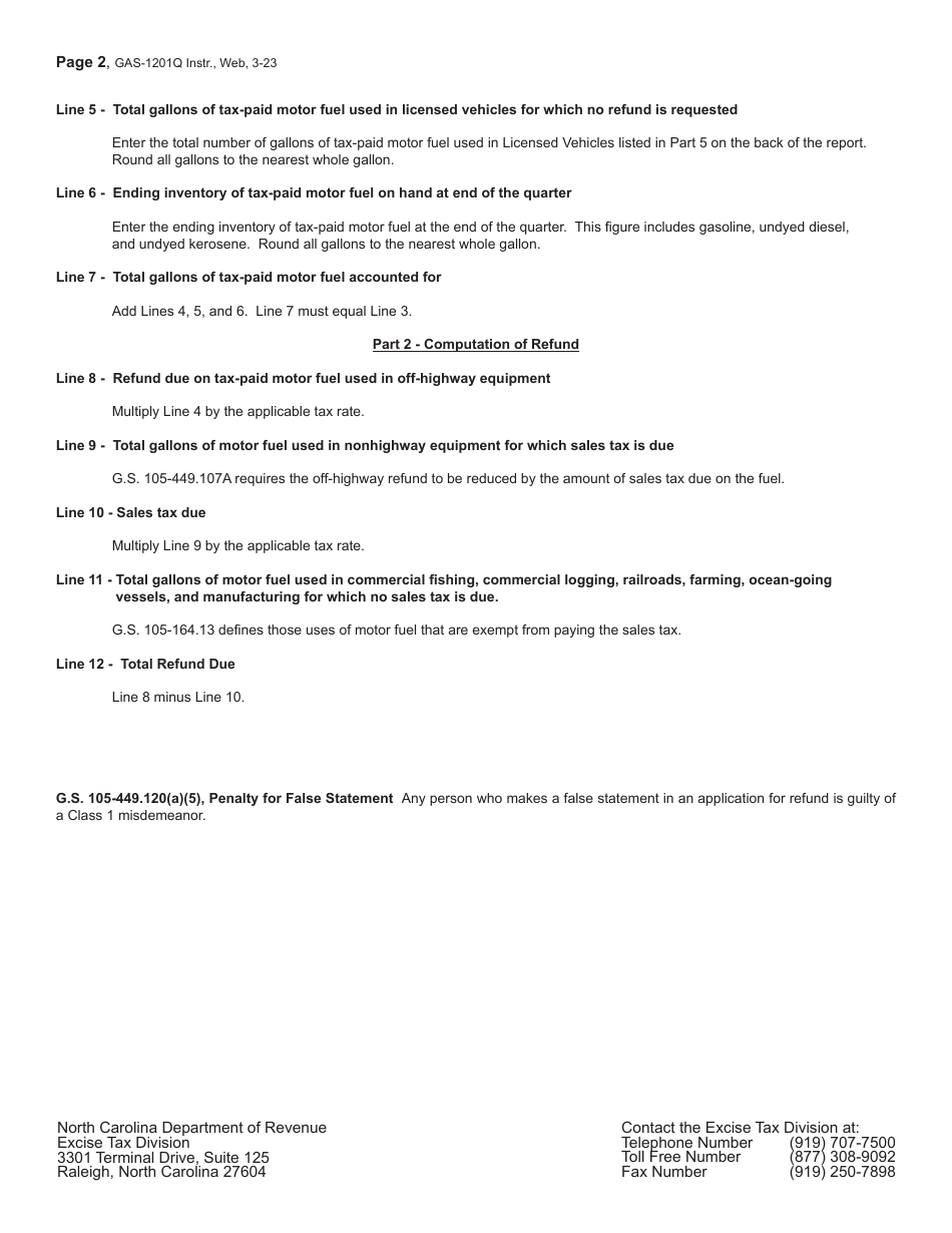 Instructions for Form GAS-1201Q Motor Fuels Claim for Refund Tax-Paid Motor Fuel Used off-Highway - North Carolina, Page 2