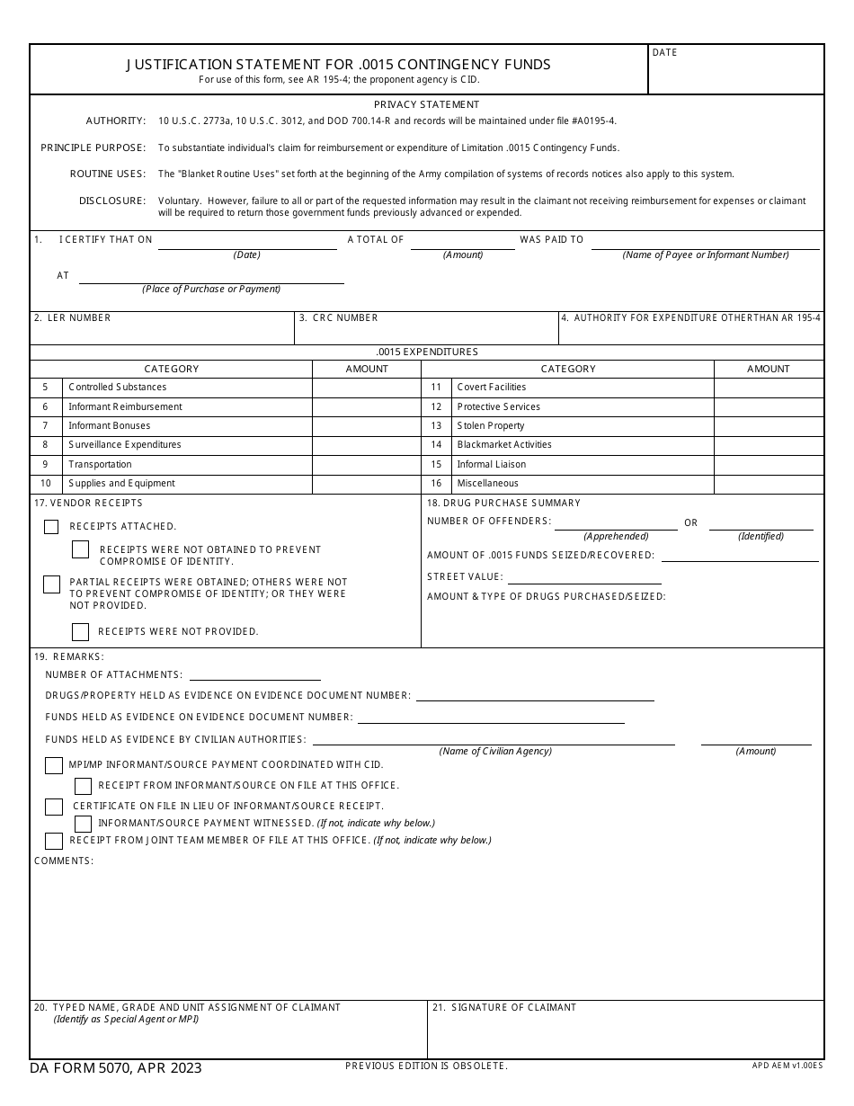 DA Form 5070 Download Fillable PDF or Fill Online Justification ...