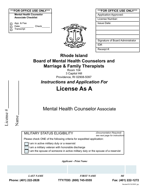 Application for License as a Mental Health Counselor Associate - Rhode Island Download Pdf