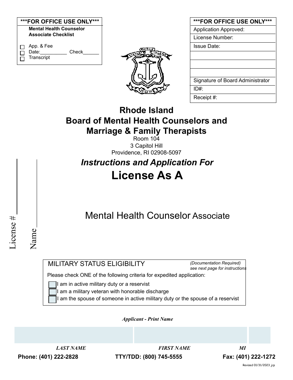 Application for License as a Mental Health Counselor Associate - Rhode Island, Page 1