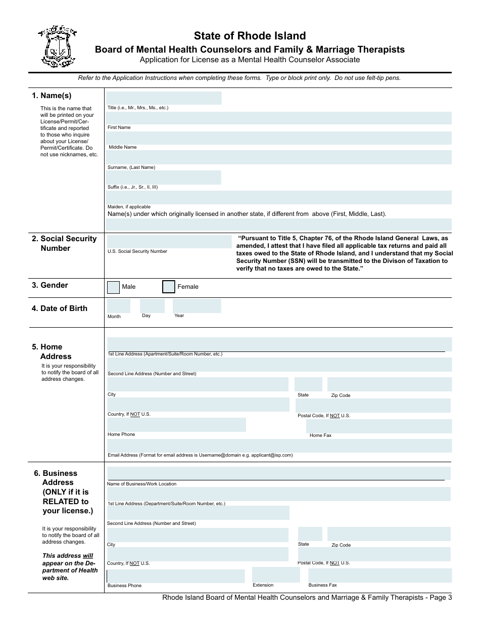 Application for License as a Mental Health Counselor Associate - Rhode Island, Page 3