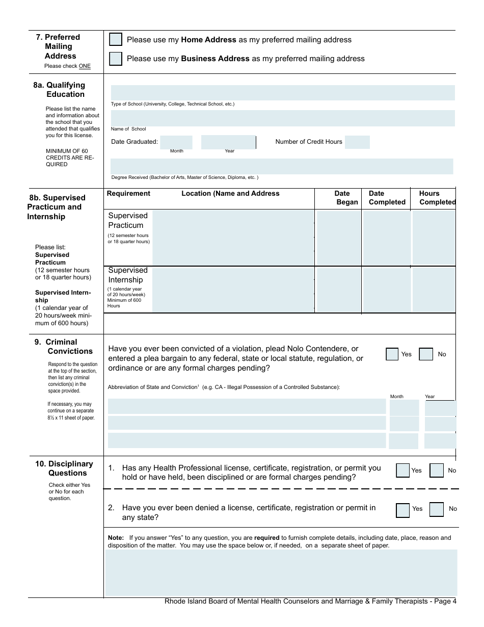 Rhode Island Application For License As A Mental Health Counselor ...