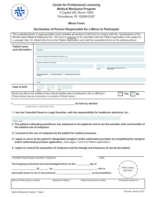 Declaration of Person Responsible for a Minor to Participate - Medical Marijuana Program - Rhode Island