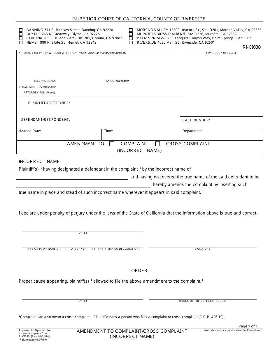 Form RI-CI030 Amendment to Complaint / Cross Complaint (Incorrect Name) - County of Riverside, California, Page 1
