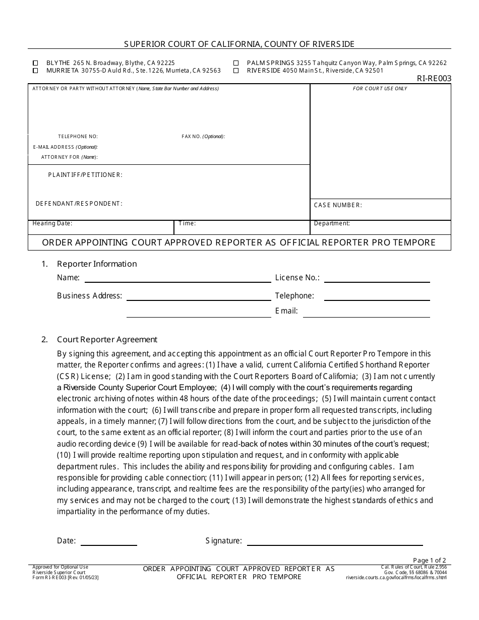 Form RI-RE003 Order Appointing Court Approved Reporter as Official Reporter Pro Tempore - County of Riverside, California, Page 1