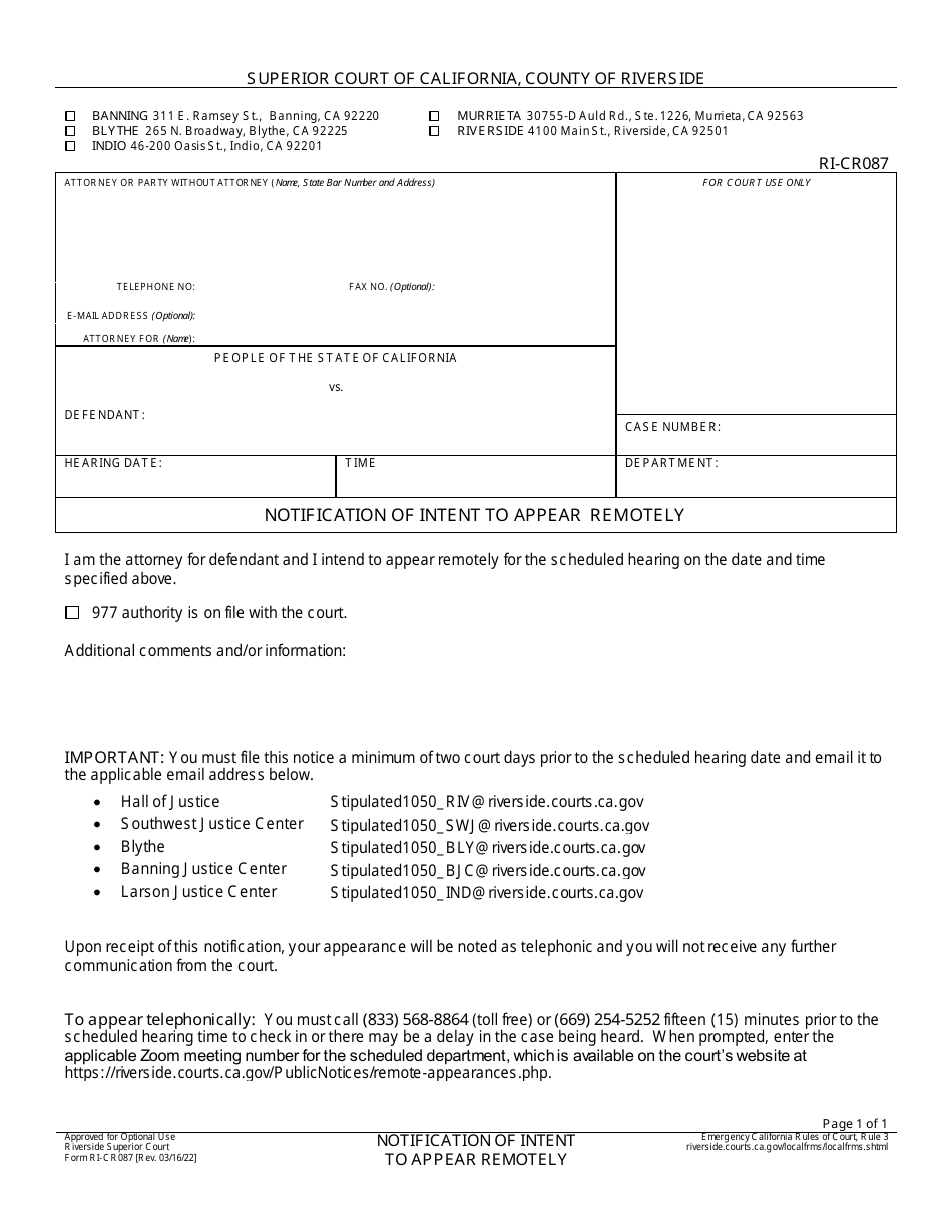 Form RI-CR087 Notification of Intent to Appear Rem Otely - County of Riverside, California, Page 1