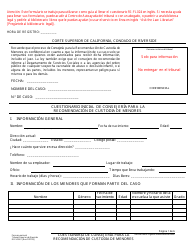 Document preview: Formulario RI-FL024-S Cuestionario Inicial De Consejeria Para La Recomendacion De Custodia De Menores - County of Riverside, California (Spanish)