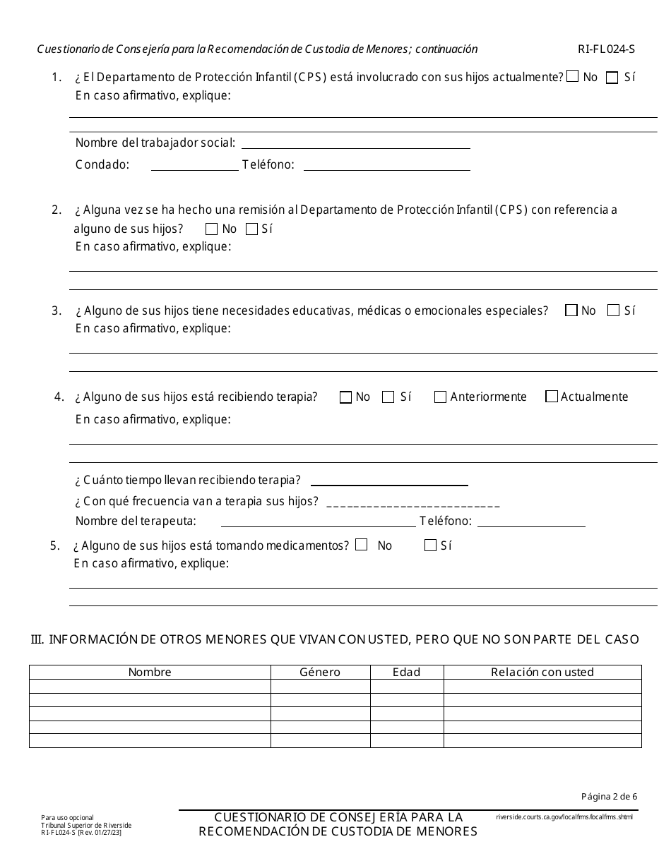 Formulario RI-FL024-S Cuestionario Inicial De Consejeria Para La Recomendacion De Custodia De Menores - County of Riverside, California (Spanish), Page 2