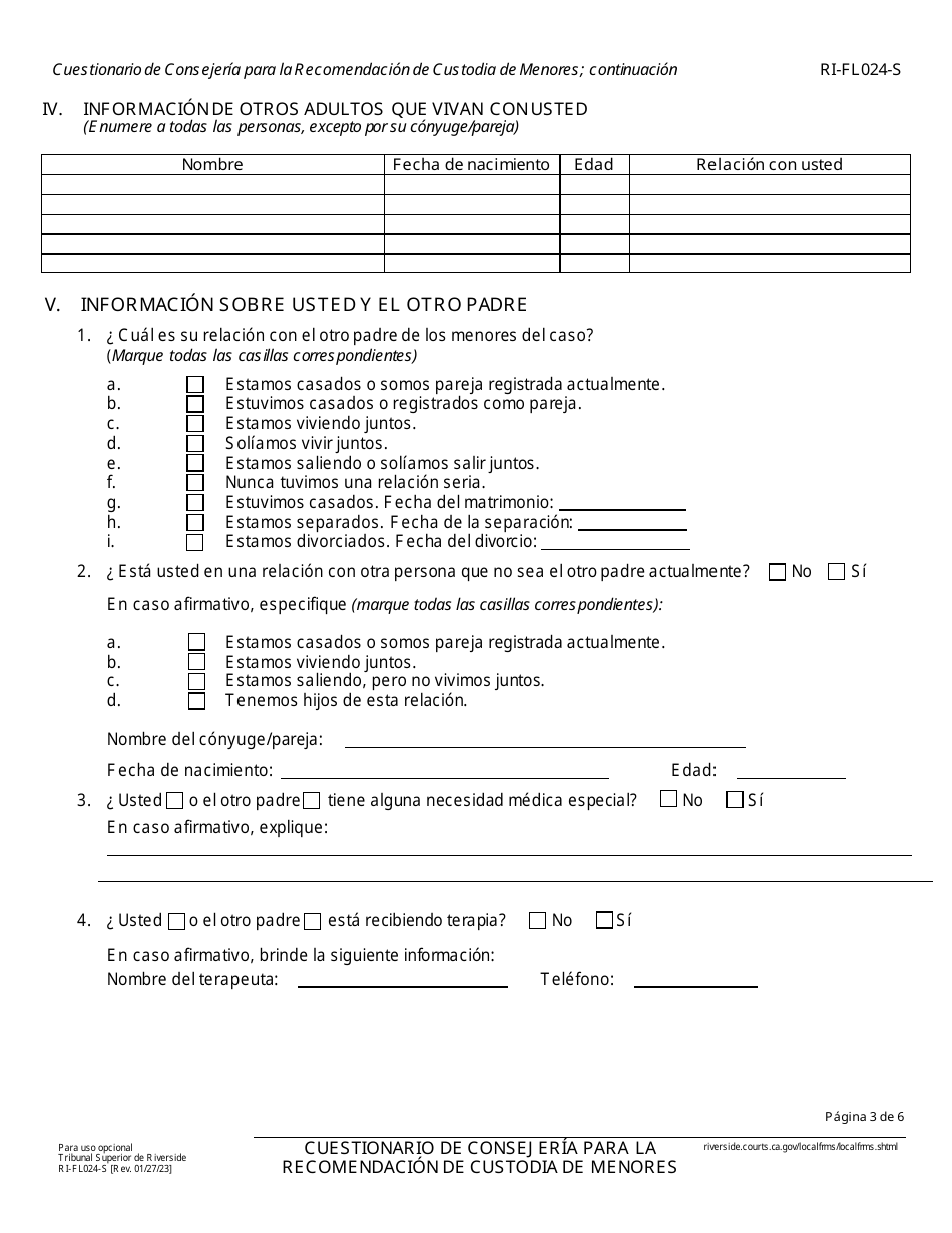 Formulario RI-FL024-S Cuestionario Inicial De Consejeria Para La Recomendacion De Custodia De Menores - County of Riverside, California (Spanish), Page 3