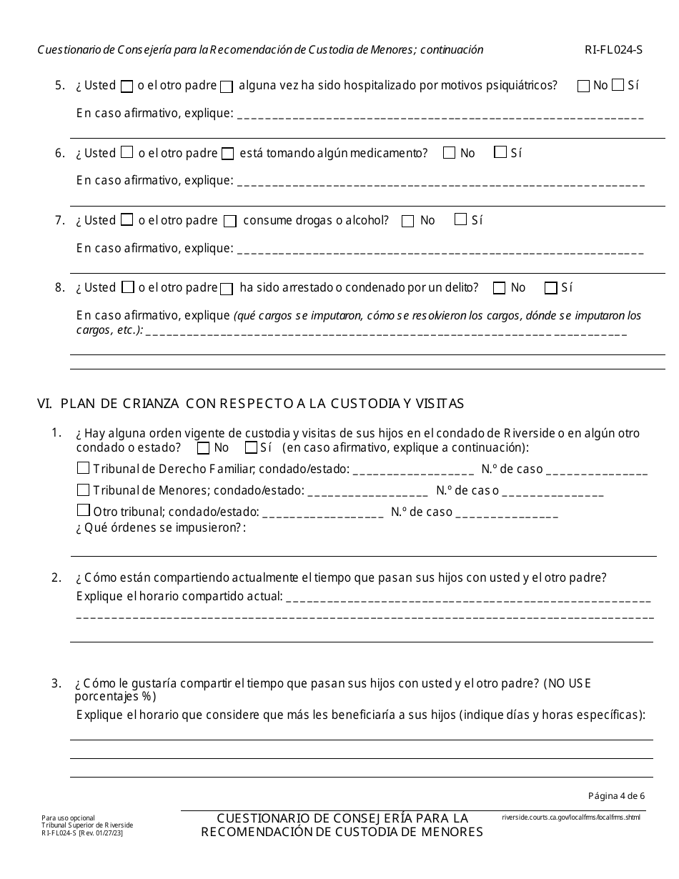 Formulario RI-FL024-S Cuestionario Inicial De Consejeria Para La Recomendacion De Custodia De Menores - County of Riverside, California (Spanish), Page 4