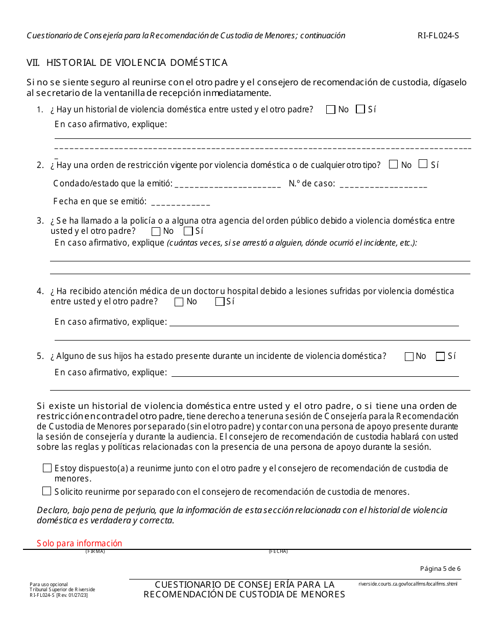 Formulario RI-FL024-S Cuestionario Inicial De Consejeria Para La Recomendacion De Custodia De Menores - County of Riverside, California (Spanish), Page 5