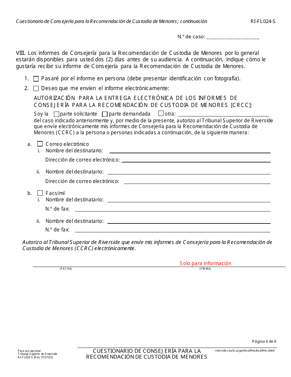 Formulario RI-FL024-S Cuestionario Inicial De Consejeria Para La Recomendacion De Custodia De Menores - County of Riverside, California (Spanish), Page 6