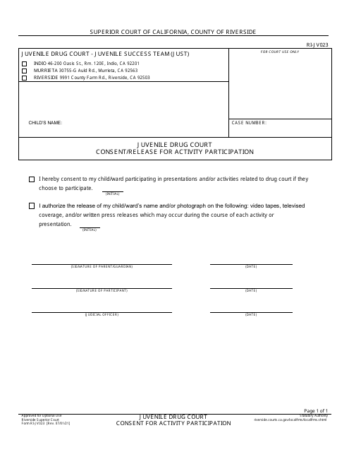Form RI-JV023 Juvenile Drug Court Consent/Release for Activity Participation - County of Riverside, California