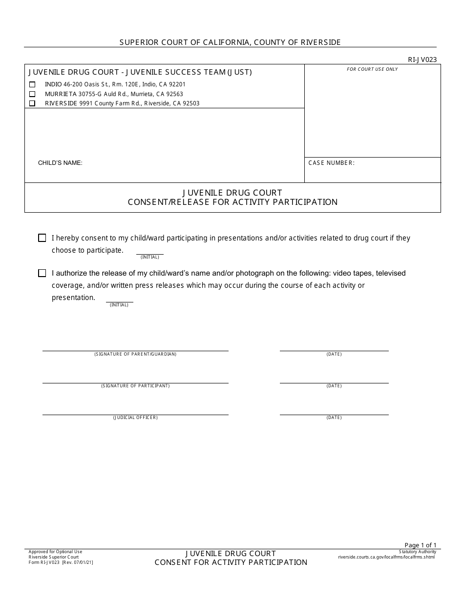 Form RI-JV023 Juvenile Drug Court Consent / Release for Activity Participation - County of Riverside, California, Page 1