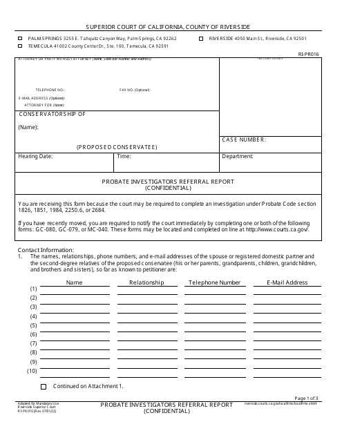 Form RI-PR016 Probate Investigators Referral Report (Confidential) - County of Riverside, California