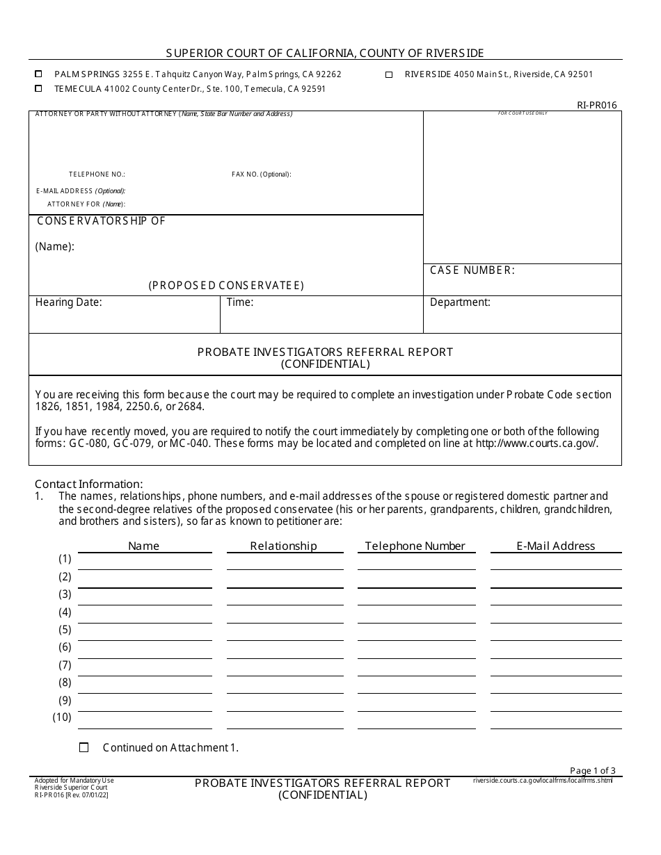 Form RI-PR016 Probate Investigators Referral Report (Confidential) - County of Riverside, California, Page 1
