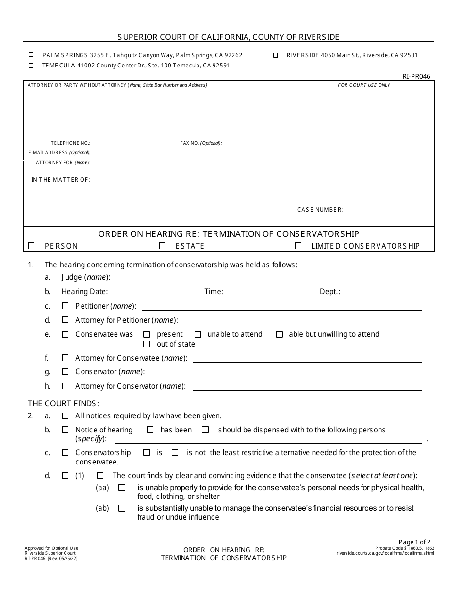 Form RI-PR046 Order on Hearing Re: Termination of Conservatorship - County of Riverside, California, Page 1