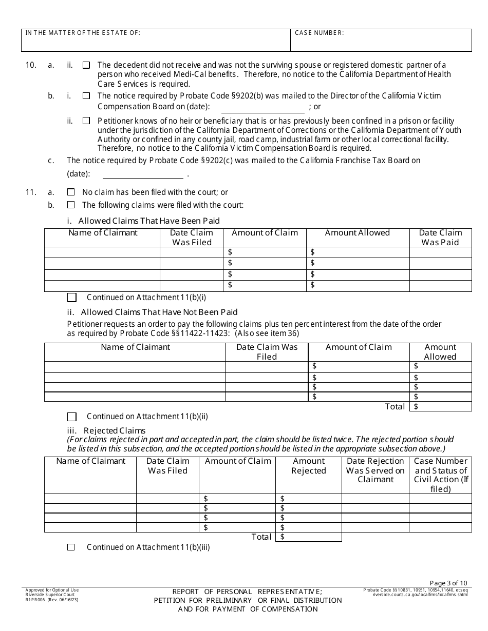 Form RI-PR006 Report of Personal Representativ E; Petition for Preliminary or Final Distribution and for Payment of Compensation - County of Riverside, California, Page 3