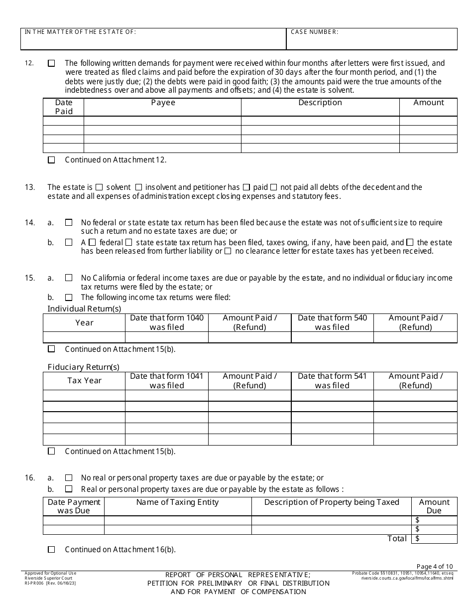 Form RI-PR006 Report of Personal Representativ E; Petition for Preliminary or Final Distribution and for Payment of Compensation - County of Riverside, California, Page 4