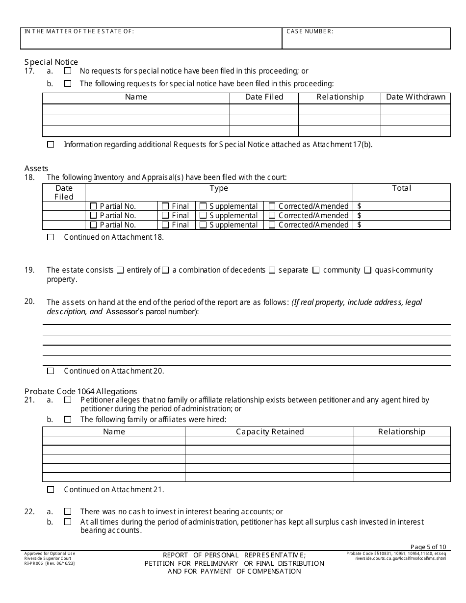 Form RI-PR006 Report of Personal Representativ E; Petition for Preliminary or Final Distribution and for Payment of Compensation - County of Riverside, California, Page 5