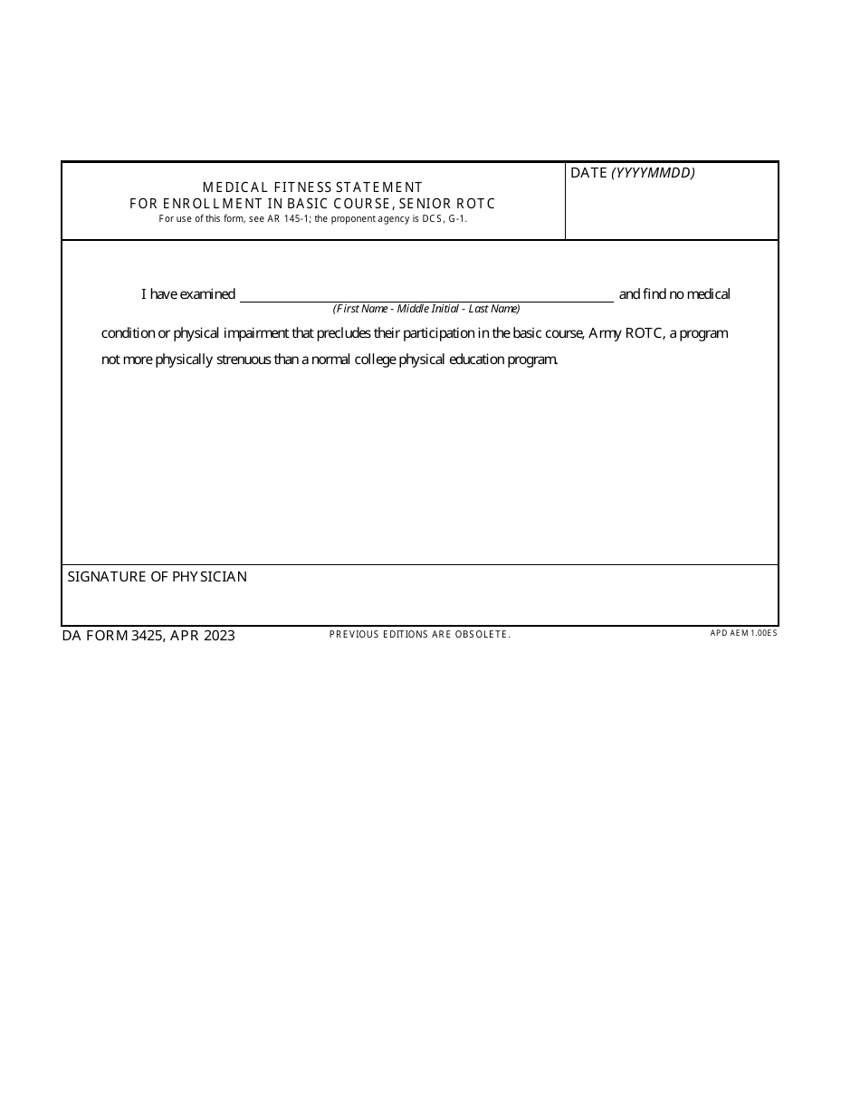 DA Form 3425 Medical Fitness Statement for Enrollment in Basic Course, Senior Rotc, Page 1