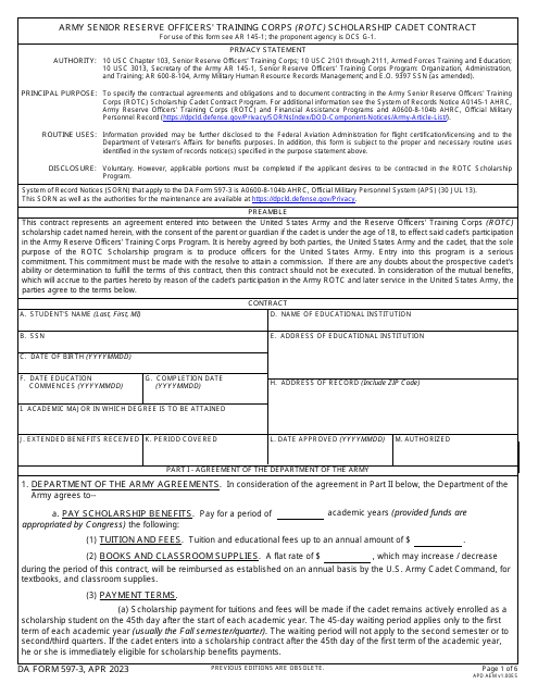 DA Form 597-3 Army Senior Reserve Officers' Training Corps (Rotc) Scholarship Cadet Contract