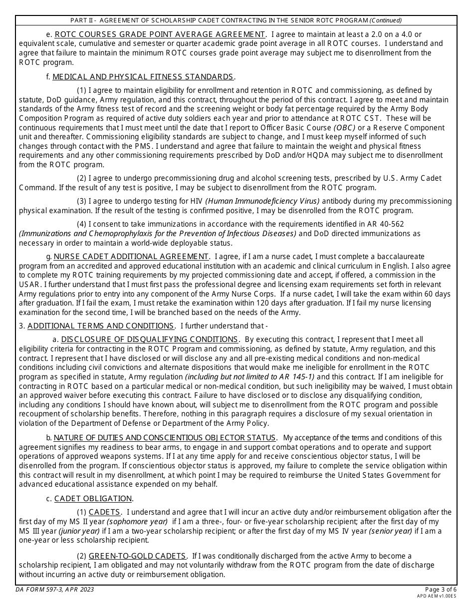 DA Form 597-3 Army Senior Reserve Officers Training Corps (Rotc) Scholarship Cadet Contract, Page 3