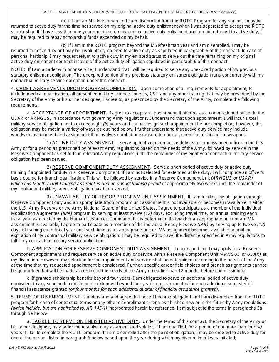 DA Form 597-3 Army Senior Reserve Officers Training Corps (Rotc) Scholarship Cadet Contract, Page 4